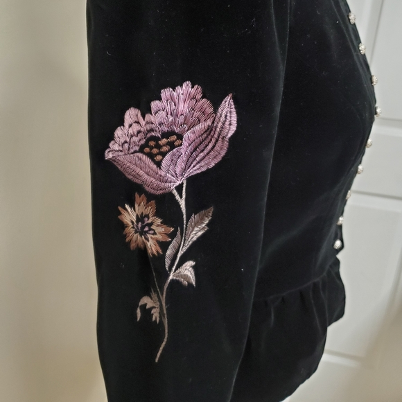 Embroidered Faux Velvet Jacket*Button Front* Ruffled Bottom Prince VIbes - Picture 2 of 4